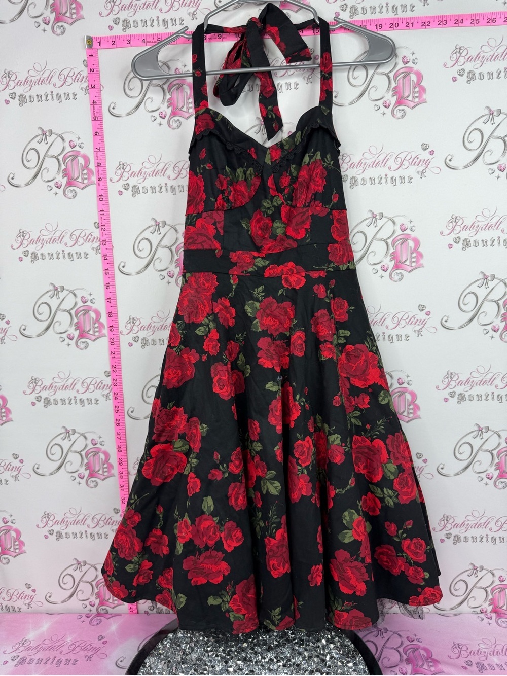 Hot Topic dress tutu Black Halter Midi Dress with Red Rose Print